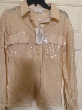 Sequin Shirt Jacket - Cream Button-Up Blazer